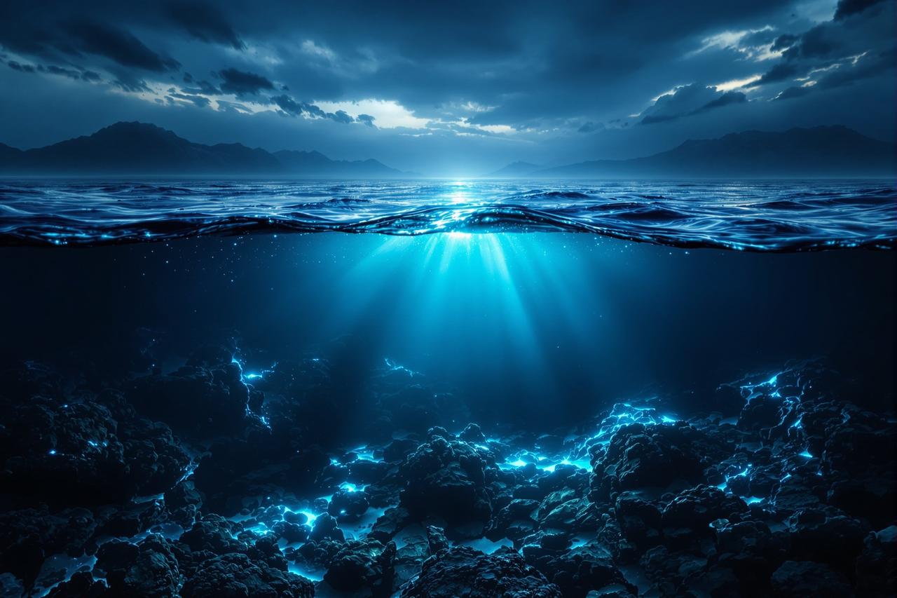 万全影院深海主题主视觉，暗蓝色海浪与光影交织